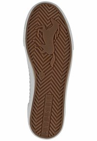 Semelle en caoutchouc marron avec un motif en zigzag texturé, arborant un logo de cheval en relief et le nom de la marque "MUSTANG" en relief.