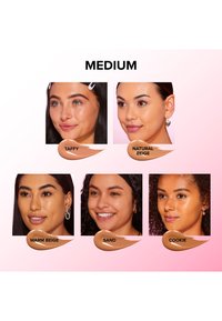 Five female figures with diverse skin tones showcase foundation shades: Taffy, Natural Beige, Warm Beige, Sand, and Cookie on a gradient background.