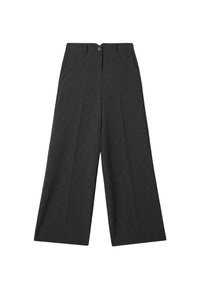 Spodnie z szerokimi nogawkami w ciemnoszarym materiale o gładkiej fakturze, z przednimi zakładkami, pojedynczym zapięciem na guzik oraz szlufkami na pasek.