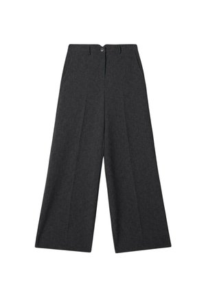 Spodnie z szerokimi nogawkami w ciemnoszarym materiale o gładkiej fakturze, z przednimi zakładkami, pojedynczym zapięciem na guzik oraz szlufkami na pasek.