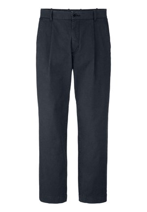 Pantaloni di cotone blu navy con design a gamba dritta, dotati di pieghe frontali, chiusura con bottone e due tasche laterali. Texture liscia.