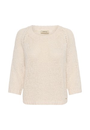 Krémový pletený sveter s tromištvrťovými rukávmi a rebrovanými lemami, s nápisom "CREAM" vo vnútri výstrihu.