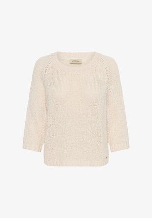 Krém színű kötött pulóver háromnegyedes ujjakkal és bordázott szegélyekkel, a nyakkivágás belsejében "CREAM" felirattal.