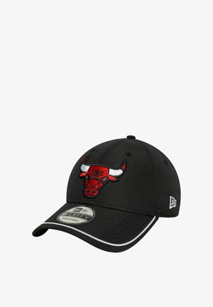 Black baseball cap with a red and white Chicago Bulls logo on the front, featuring an adjustable strap and a curved brim.