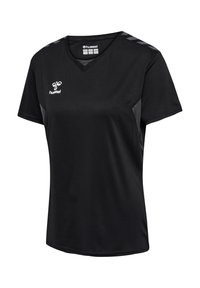 Schwarzes Sportshirt mit kurzen Ärmeln und V-Ausschnitt, hellgrauen Seitenteilen, Chevron-Muster auf den Schultern und weißem Hummel-Logo auf der Brust.
