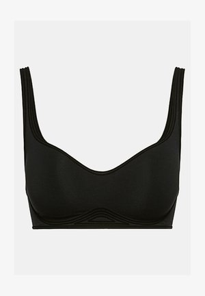 Bralette noire avec une texture lisse, des bretelles larges et un décolleté en V. Présente des détails courbés subtils le long des bords.