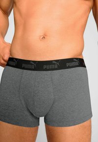 Gray cotton boxer shorts with a black elastic waistband featuring the Puma logo in gray. Smooth texture with a fitted design.