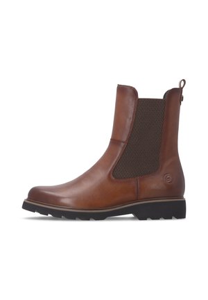 Brown leather ankle boot with elastic side panel, pull tab at back, and black rubber sole with tread pattern.