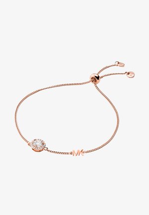 Bracciale in oro rosa con un centro scintillante a forma di cristallo circolare e catena regolabile. Presenta un piccolo accento con logo inciso.