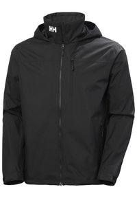 Czarna wodoodporna kurtka z wysokim kołnierzem, pełnym zamkiem z przodu, bocznymi kieszeniami i subtelnym logo na piersi. Gładka tekstura.