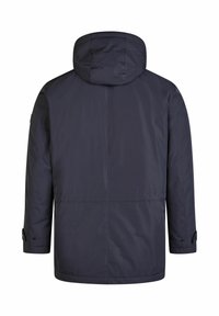 Veste à capuche bleu marine avec une finition lisse, présentant une coupe droite et des accents de boutons sur les manches. Design simple et fonctionnel.