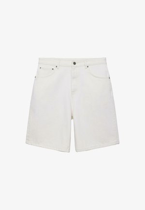 Pantaloni scurți din denim alb, cu buzunare frontale, bucle pentru curea și închidere cu nasture, expuși pe un fundal alb simplu.