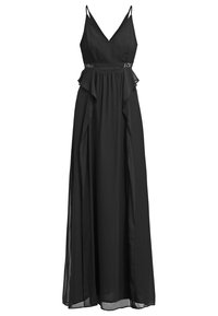 Robe noire longue au sol sans manches avec fines bretelles, encolure en V, détails en dentelle à la taille et panneaux latéraux à volants.