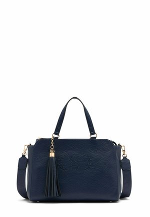 Borsa a mano in pelle blu navy con finitura testurizzata, hardware dorato, dettaglio con frange, doppi manici e tracolla rimovibile.
