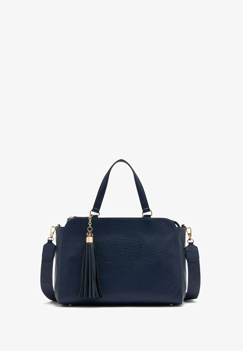 Borsa a mano in pelle blu navy con finitura testurizzata, hardware dorato, dettaglio con frange, doppi manici e tracolla rimovibile.