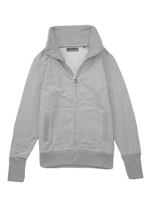 Veste gris clair fermeture éclair, col montant, manches longues, deux poches avant et poignets et ourlet côtelés.