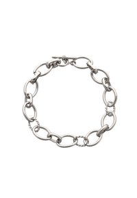 Silberne Kettenarmband mit ineinandergreifenden ovalen Gliedern. Es zeichnet sich durch eine Mischung aus glatten und gedrehten Texturen aus und ist mit einem Toggle-Verschluss versehen.