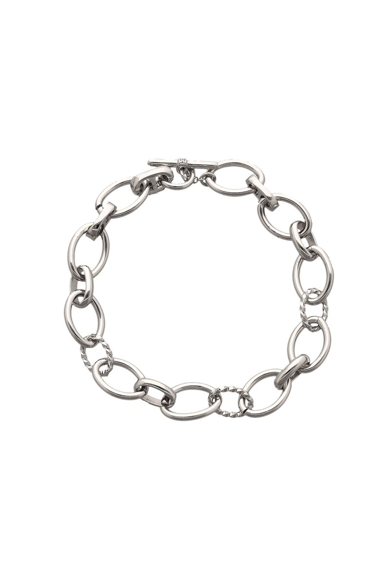 Silberne Kettenarmband mit ineinandergreifenden ovalen Gliedern. Es zeichnet sich durch eine Mischung aus glatten und gedrehten Texturen aus und ist mit einem Toggle-Verschluss versehen.