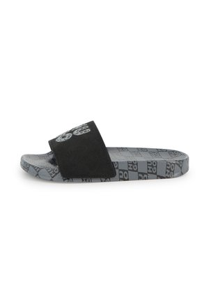 Black and gray slide sandal with patterned sole and wide black strap featuring a worn, partially visible white logo.
