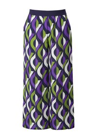 Pantaloni a gamba larga con motivo, caratterizzati da un design ripetitivo di forme viola, verdi e bianche su uno sfondo scuro. Vita elastica.