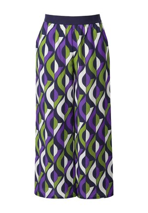 Pantalones de pierna ancha con estampado que presentan un diseño repetido de formas moradas, verdes y blancas sobre un fondo oscuro. Cintura elástica.
