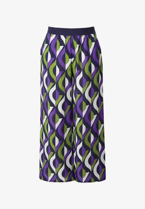 Květinové široké kalhoty s opakujícím se vzorem fialových, zelených a bílých tvarů na tmavém pozadí. Elastický pas.