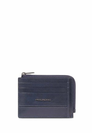 Dunkelblaues Lederportemonnaie mit Reißverschluss, ausgestattet mit mehreren Kartenfächern und einer glatten Textur. Piquadro-Logo auf der Vorderseite eingeprägt.