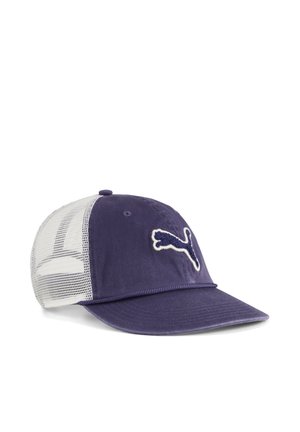 Marineblå og hvid mesh baseballkasket med buet skygge og hvid Puma-logo på frontpanelet.