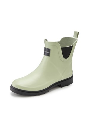 Green rubber ankle boot with black elastic gusset and pull tab at back, featuring a textured sole for traction.