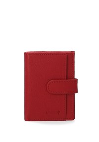Rote Lederbörse mit strukturiertem Finish, ausgestattet mit einem Klappenverschluss und geprägtem Logo. Kompakte Ausführung, geeignet für Karten und Bargeld.