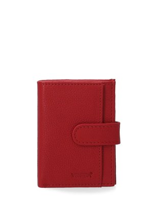 Red leather wallet with a textured finish, featuring a flap closure and embossed logo. Compact design suitable for cards and cash.