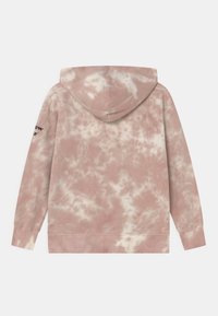 Felpa con cappuccio a maniche lunghe, motivo tie-dye rosa e bianco, polsini e orlo a costine, vista dal retro.