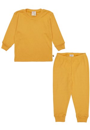 Gelbes Baumwoll-Zweiteiler-Set, bestehend aus einem Langarmoberteil und einer Hose mit elastischem Bund. Verfügt über gerippte Bündchen und ein kleines Etikettendetail auf dem Oberteil.