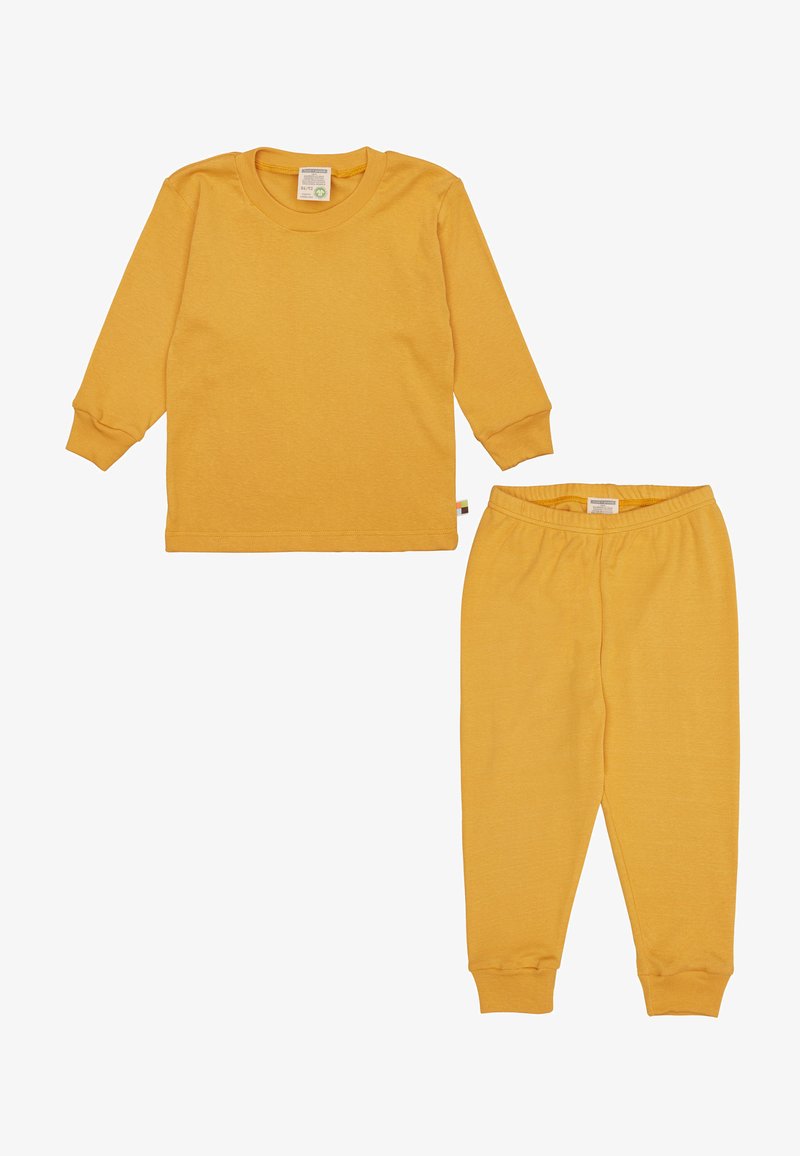 Yellow cotton two-piece set, includes long-sleeve top and elastic waist pants. Features ribbed cuffs and a small tag detail on the top.