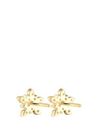 Goldene Ohrstecker in Blumenform mit ausgeschnittenen Details, ausgestattet mit einer glatten, polierten Oberfläche und einem kurzen Stift zur Befestigung.