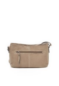 Beige leren schoudertas met een geventileerde voorzak, gladde textuur en verstelbare schouderband. Kenmerkend zijn de subtiele stiksels.