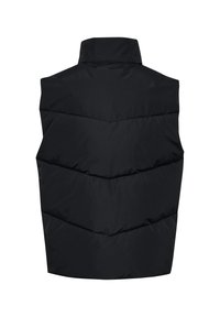 Schwarze ärmellose Steppweste mit hohem Kragen, die über gesteppten Zickzack-Muster und eine glatte Textur verfügt. Rückansicht, ohne Taschen.