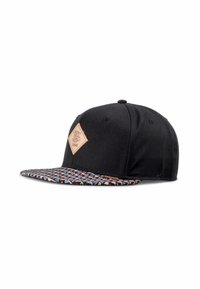 Black baseball cap with a patterned, multicolored brim and a tan diamond-shaped patch on the front. Made from durable fabric.