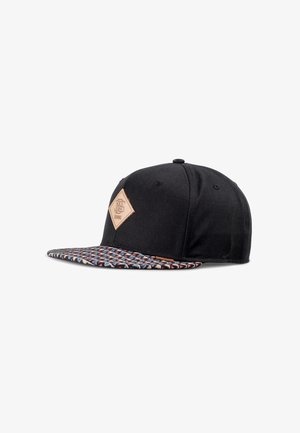 Cappellino da baseball nero con una visiera multicolore e decorata, e una toppa a forma di diamante beige sul davanti. Realizzato in tessuto resistente.