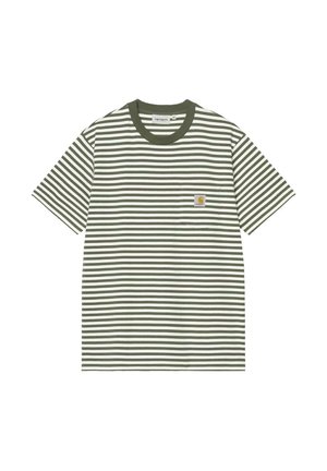 T-shirt à manches courtes à rayures horizontales vertes et blanches, col rond et petit logo Carhartt sur la poche poitrine gauche.