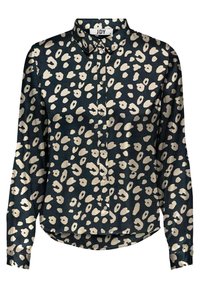 Camicia button-up di colore blu scuro con una stampa a leopardo beige. Presenta un colletto e maniche lunghe, con un orlo curvo.