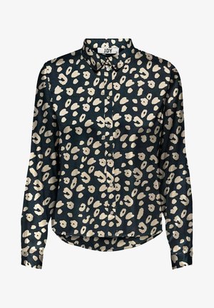 Dunkelblaues Hemd mit knöpfbarem Kragen und einem Leopardenmuster in Beige. Es hat einen Kragen und lange Ärmel sowie einen abgerundeten Saum.
