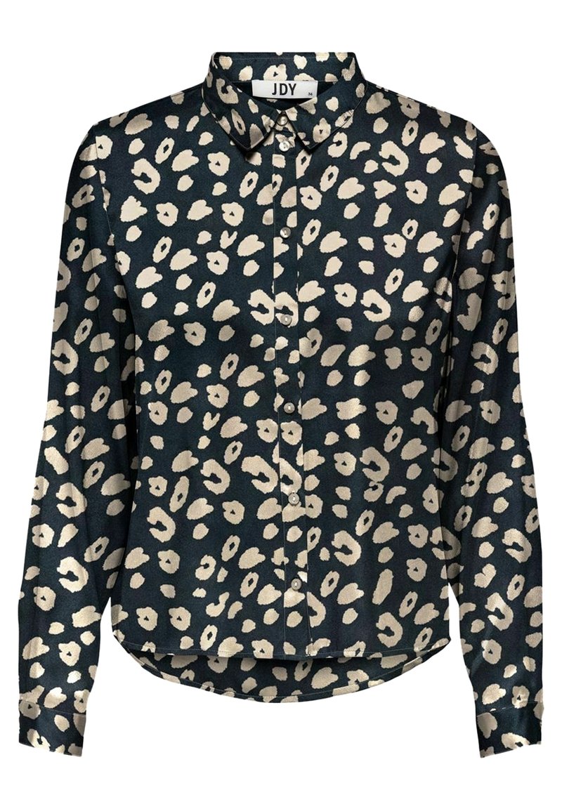 Camicia button-up di colore blu scuro con una stampa a leopardo beige. Presenta un colletto e maniche lunghe, con un orlo curvo.
