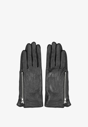 Czarne skórzane rękawiczki o gładkiej strukturze, wyposażone w zamek błyskawiczny na nadgarstku do zapięcia. Klasyczny design z pięcioma palcami, bez wzorów.