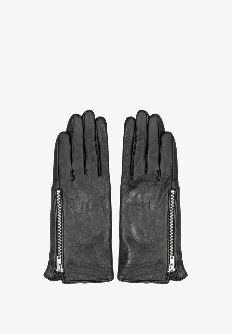 Czarne skórzane rękawiczki o gładkiej strukturze, wyposażone w zamek błyskawiczny na nadgarstku do zapięcia. Klasyczny design z pięcioma palcami, bez wzorów.