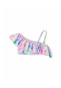 Top bikini colorato con design a spalla unica, volant arricciato e spalline regolabili. Realizzato in tessuto morbido ed elastico con motivo tie-dye.