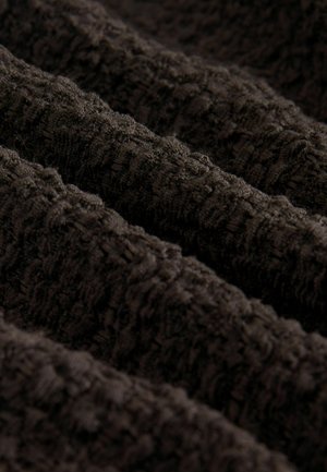 Dark brown textured fabric with a three-dimensional, wavy pattern, featuring soft, looped fibers that create depth and visual interest.