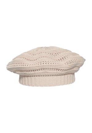 Beige knitted beret with ribbed band and wavy, openwork pattern throughout the body of the hat.