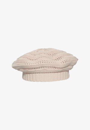 Boina de punto beige con banda acanalada y patrón ondulado y calado en todo el cuerpo del sombrero.