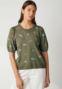 Next - CREW NECK SHORT SLEEVE-REGULAR FIT - Nyomott mintás póló - khaki green floral embroidery Miniatűr kép 1